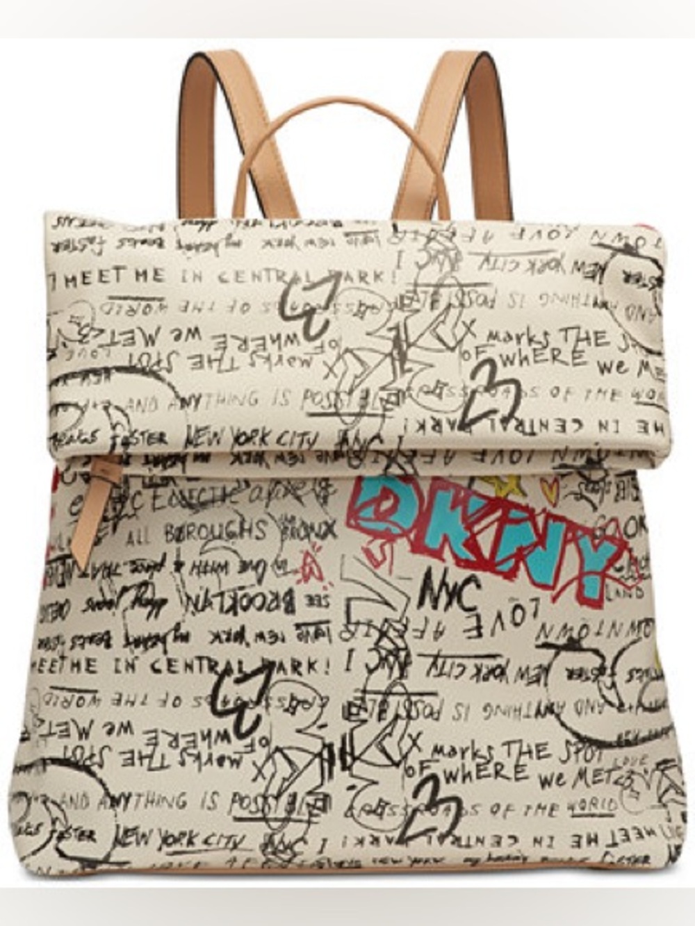 DKNY Cream Canvas Graffiti Print Backpack with Tan Straps